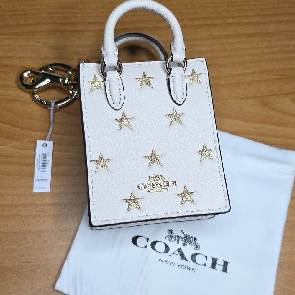 Coach Mini Tote Bag in White with Gold Stars KeyChain - Picture 1 of 3